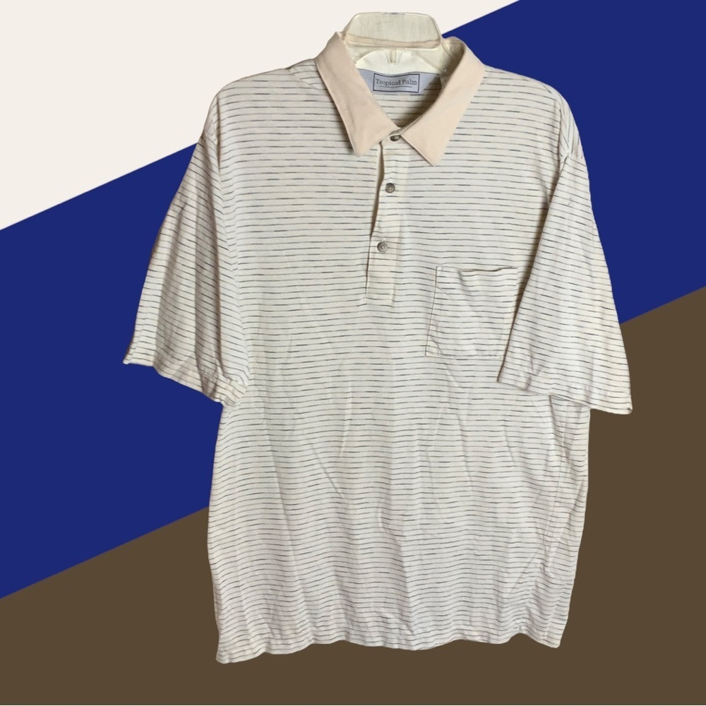 Tropical Palm Beige w Tan/Blue Striping Polo Shirt Men XL